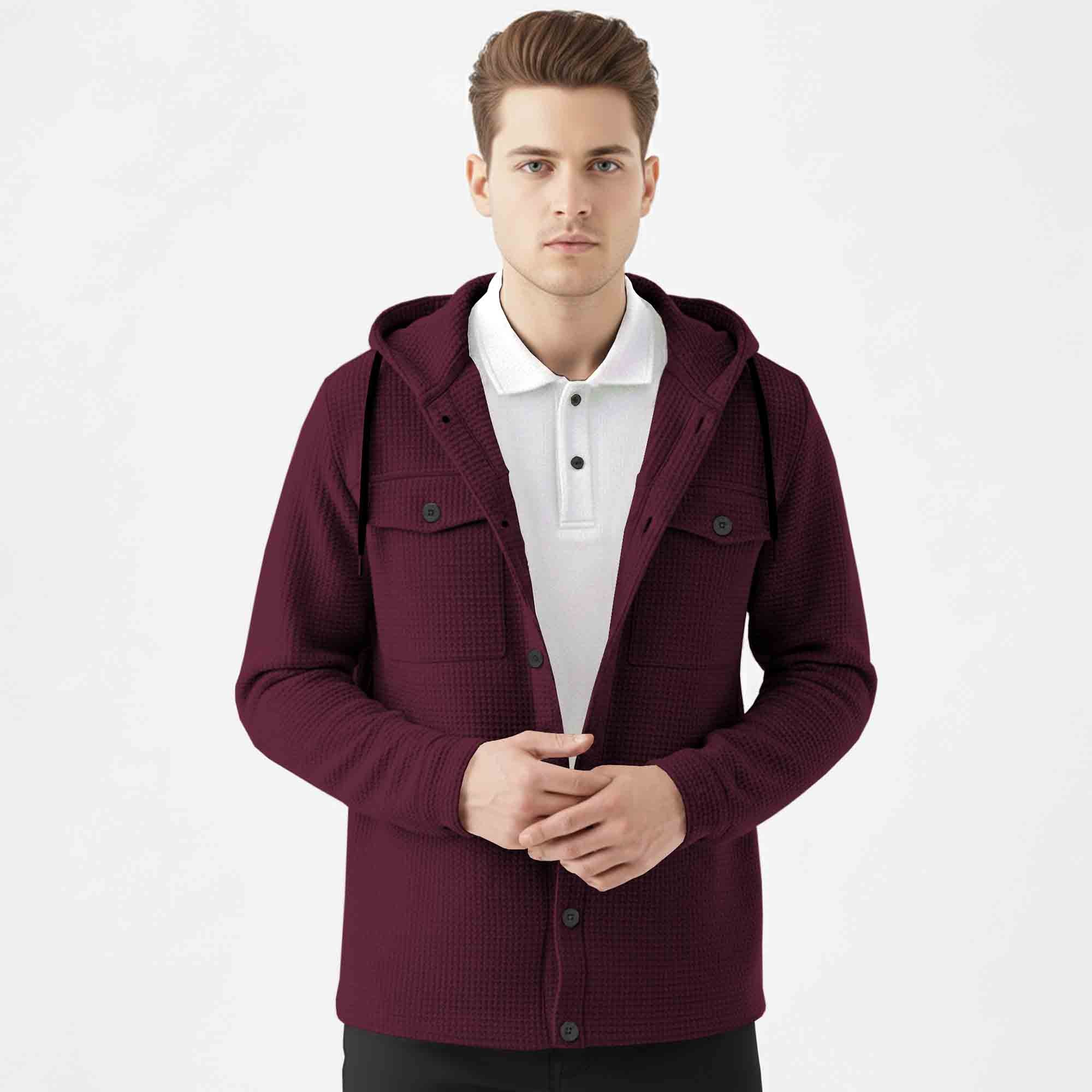 Men Smart Casual Double Pocket Full Sleeve Hooded Maroon Textured Shirt