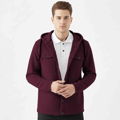 Men Smart Casual Double Pocket Full Sleeve Hooded Maroon Textured Shirt