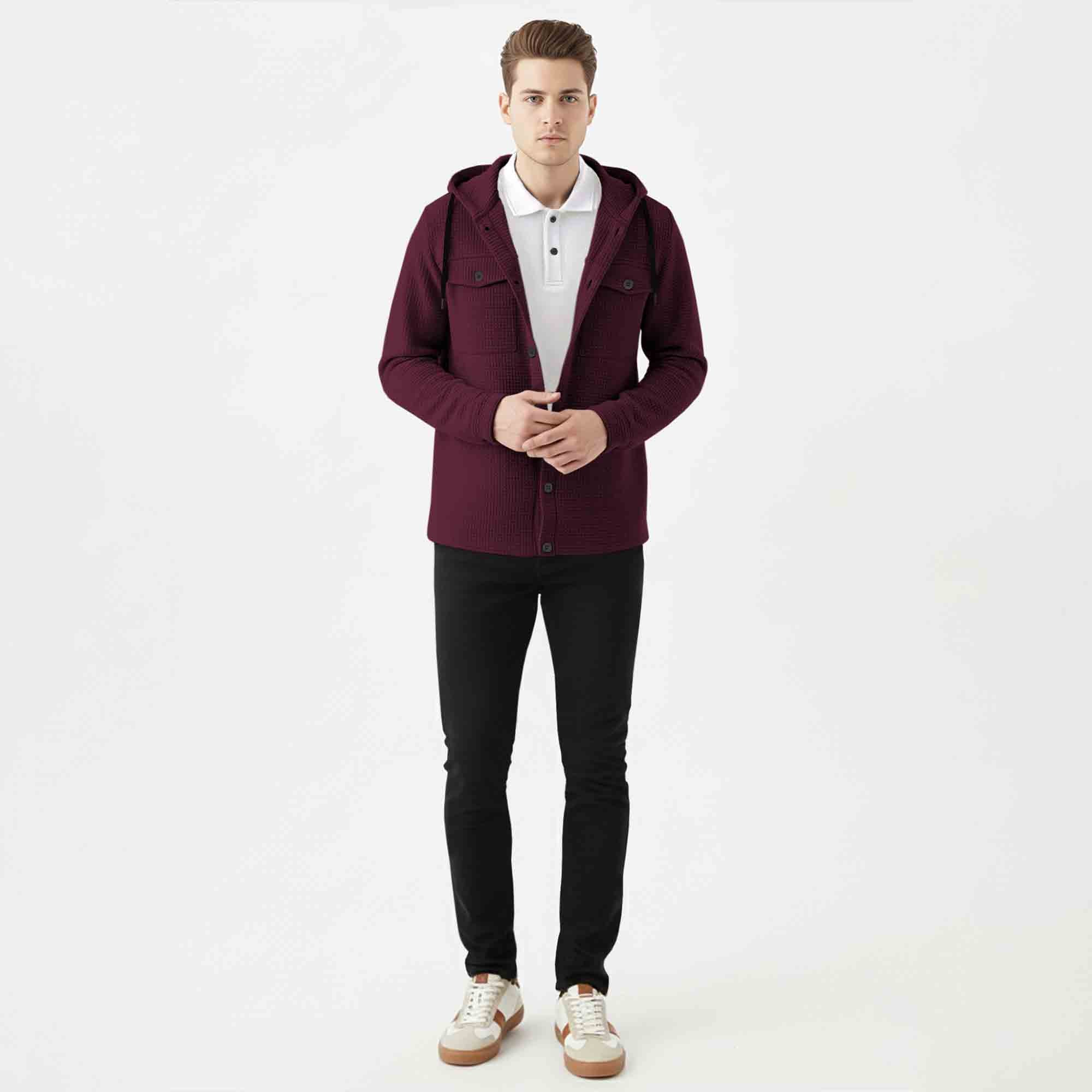 Men Smart Casual Double Pocket Full Sleeve Hooded Maroon Textured Shirt