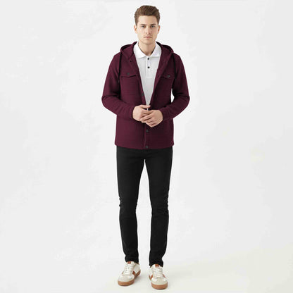 Men Smart Casual Double Pocket Full Sleeve Hooded Maroon Textured Shirt
