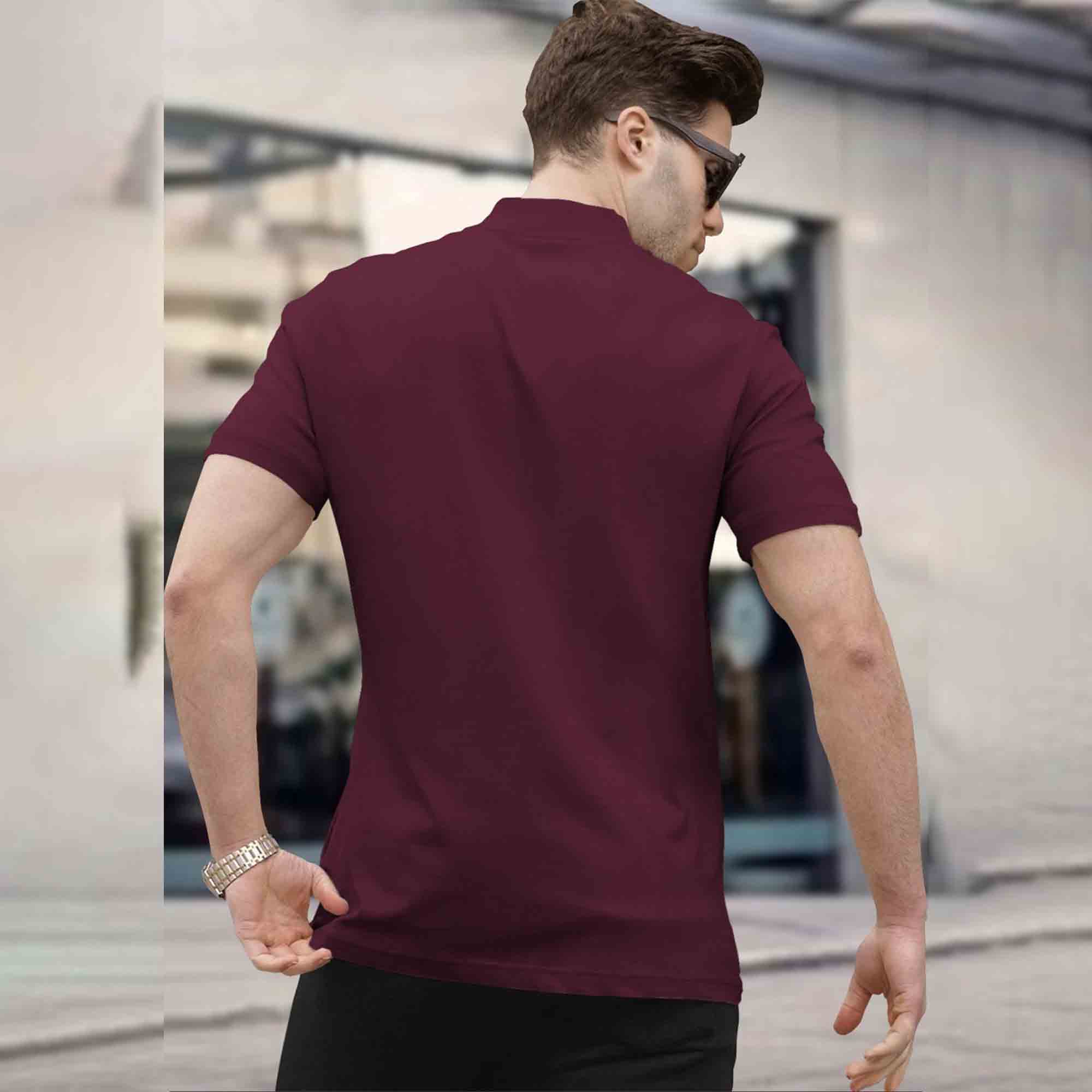 Men plain High Neck Maroon Short Sleeve Zipper T-Shirt