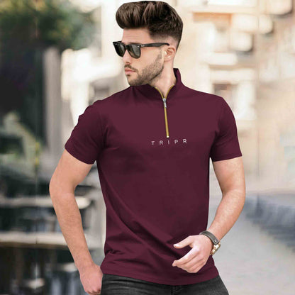High Neck Quarter Zip Half Sleeve Tshirt Maroon
