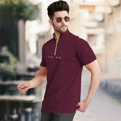 High Neck Quarter Zip Half Sleeve Tshirt Maroon