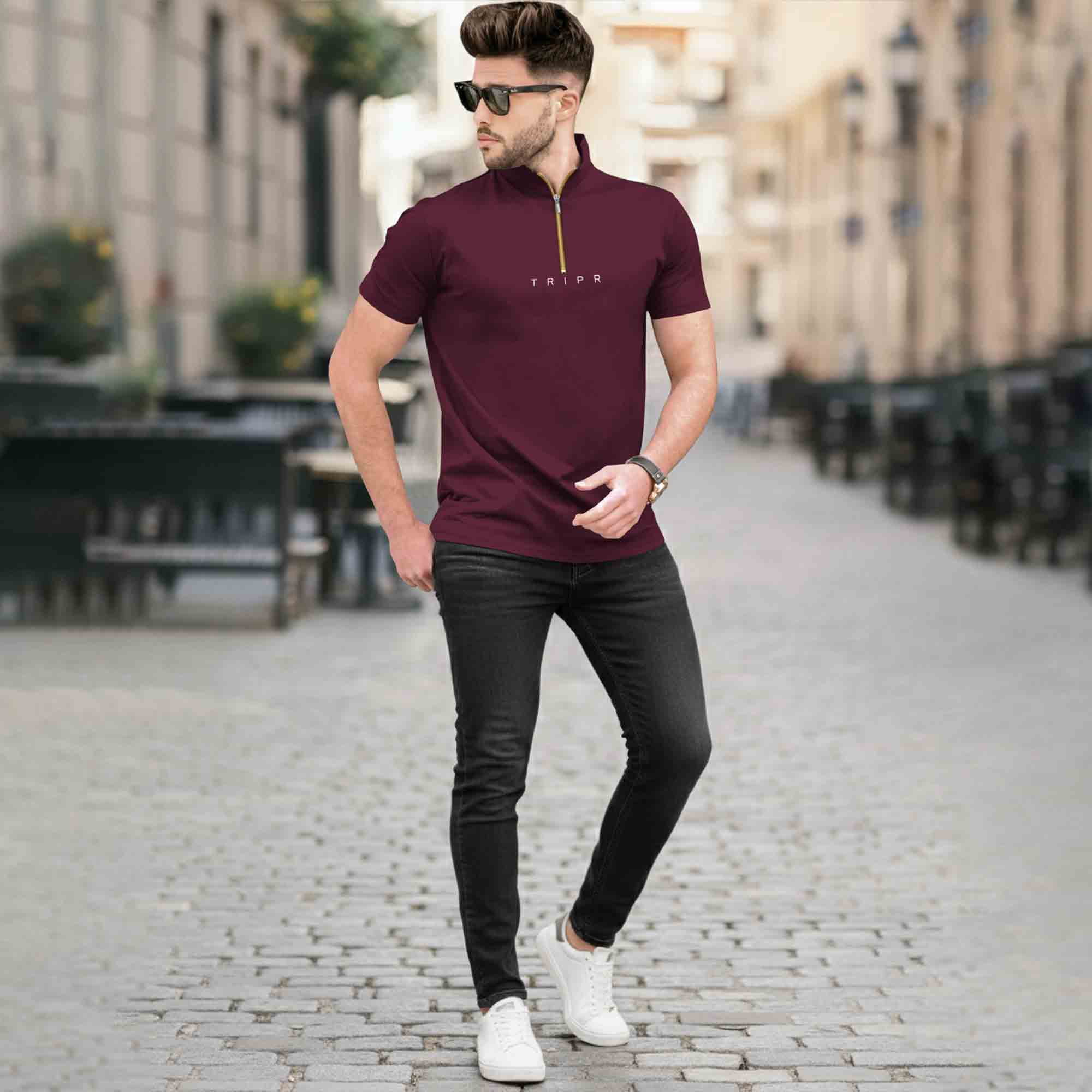 High Neck Quarter Zip Half Sleeve Tshirt Maroon