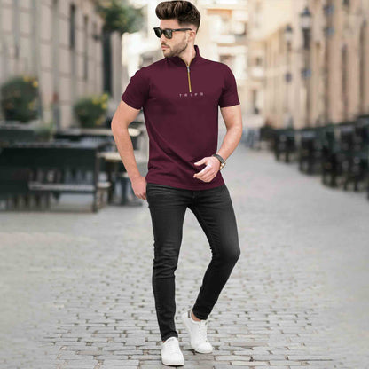 High Neck Quarter Zip Half Sleeve Tshirt Maroon