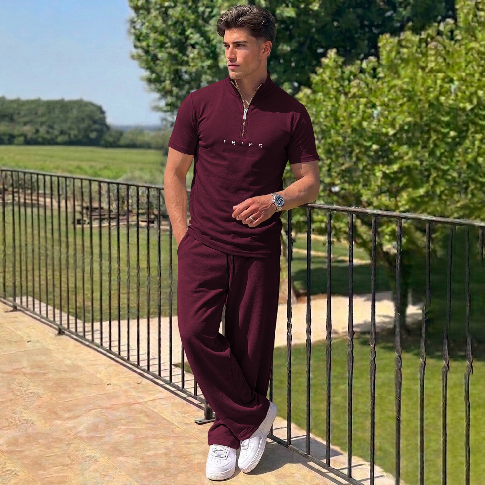 Men Tracksuit High Neck Tshirts Loose Fit Plain Trackpants