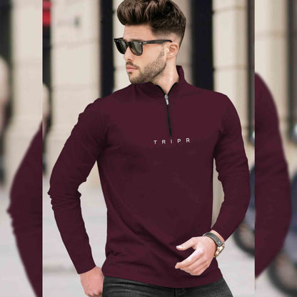 Men High Neck Full Sleeve Maroon Zip T-Shirt