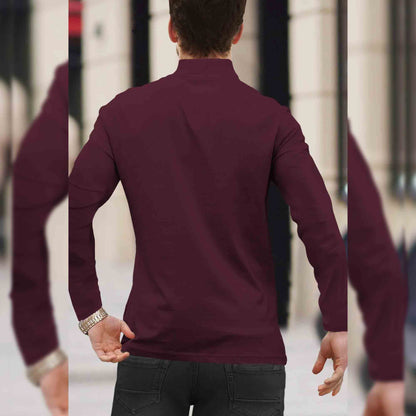 Men High Neck Full Sleeve Maroon Zip T-Shirt