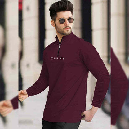 Men High Neck Full Sleeve Maroon Zip T-Shirt