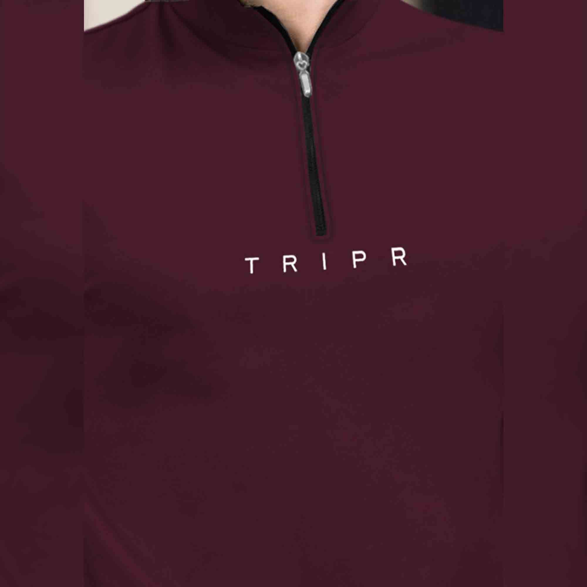 Men High Neck Full Sleeve Maroon Zip T-Shirt
