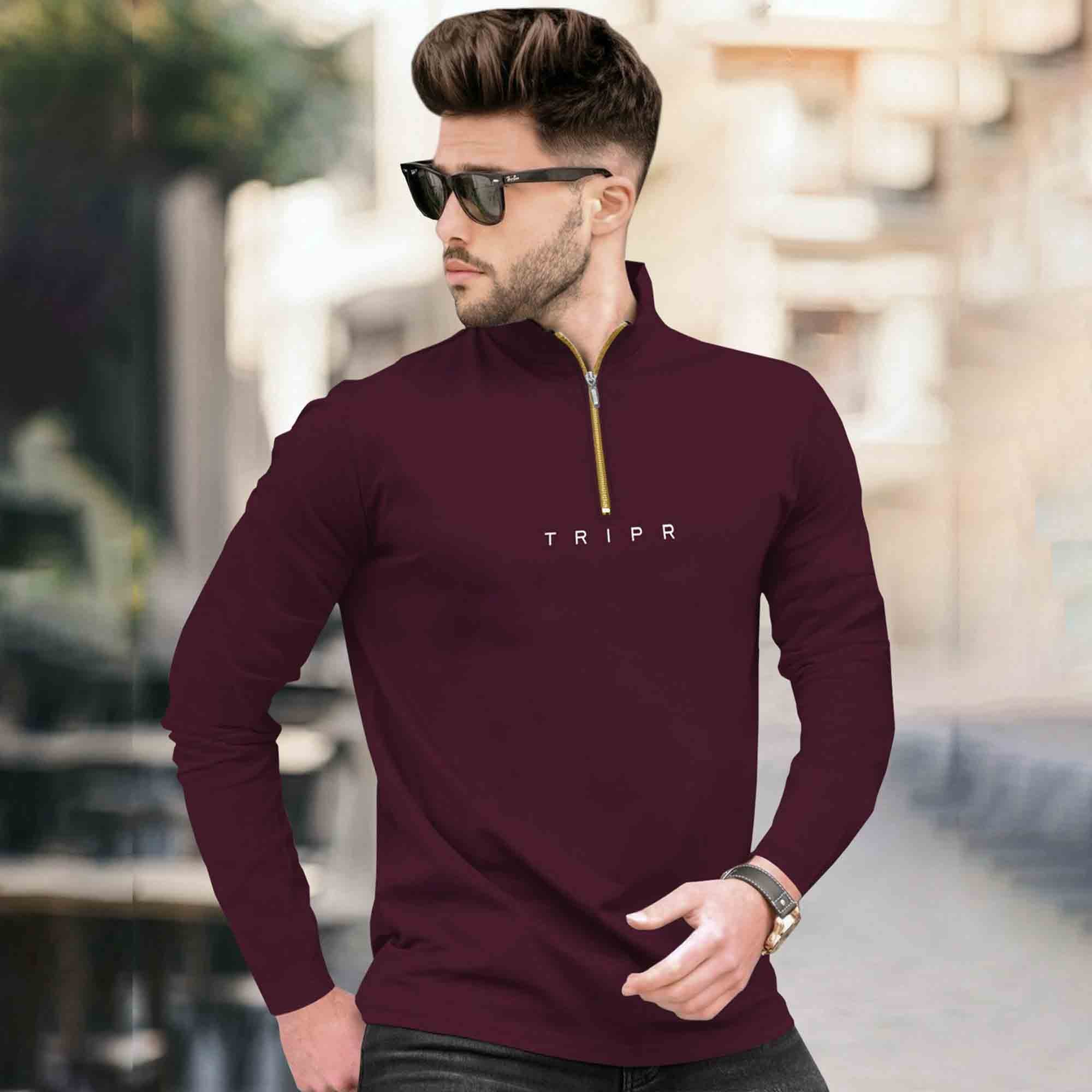 Men High Neck Quarter Zip Full Sleeve Tshirt Maroon