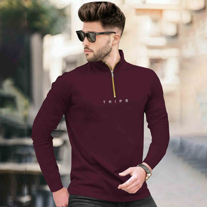 Men High Neck Quarter Zip Full Sleeve Tshirt Maroon