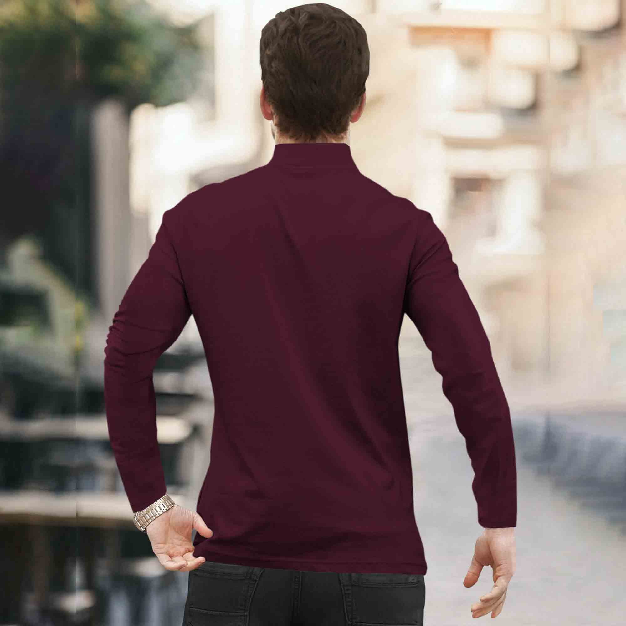 Men High Neck Quarter Zip Full Sleeve Tshirt Maroon