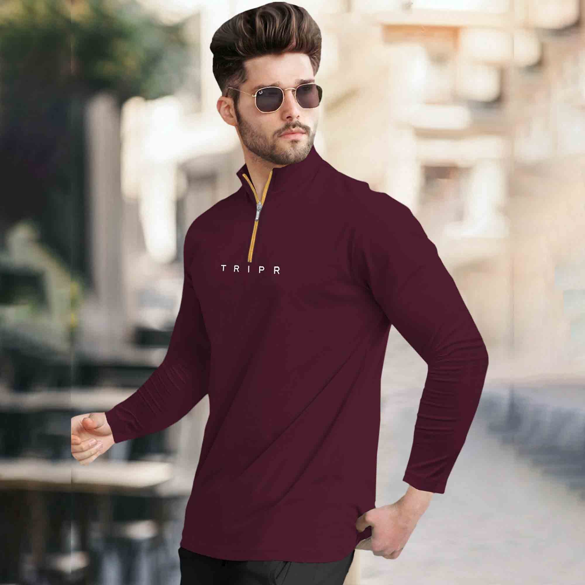 Men High Neck Quarter Zip Full Sleeve Tshirt Maroon