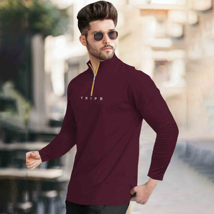 Men High Neck Quarter Zip Full Sleeve Tshirt Maroon