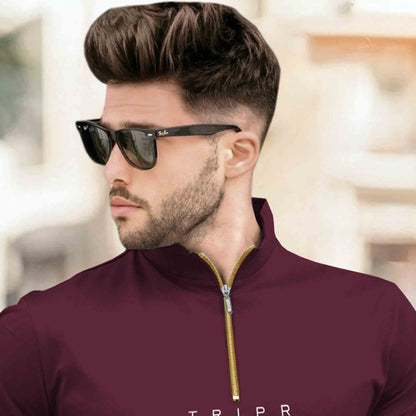 Men High Neck Quarter Zip Full Sleeve Tshirt Maroon