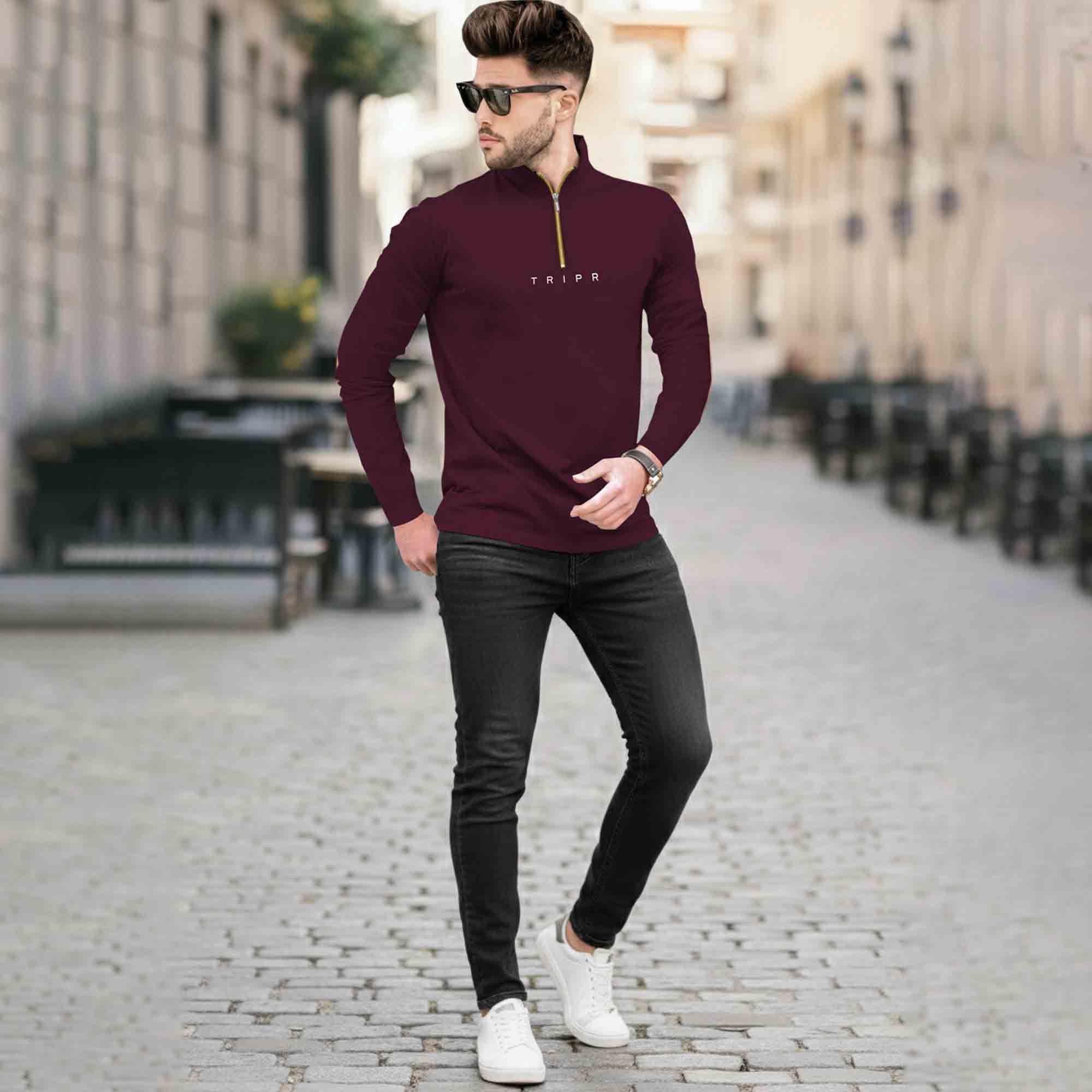 Men High Neck Quarter Zip Full Sleeve Tshirt Maroon