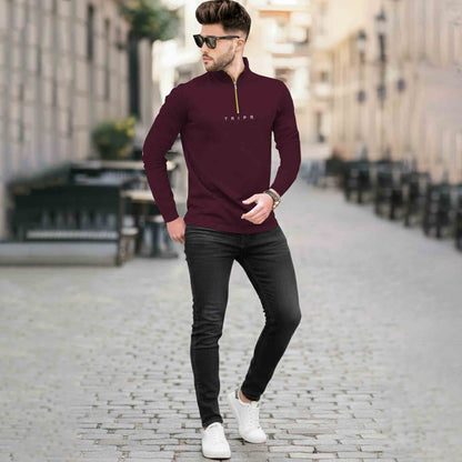 Men High Neck Quarter Zip Full Sleeve Tshirt Maroon