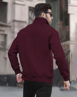 Men Plain Zipper High Neck Casual Sweatshirt / Maroon