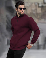 Men Plain Zipper High Neck Casual Sweatshirt / Maroon