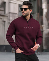 Men Zipper High Neck Maroon Sweatshirt