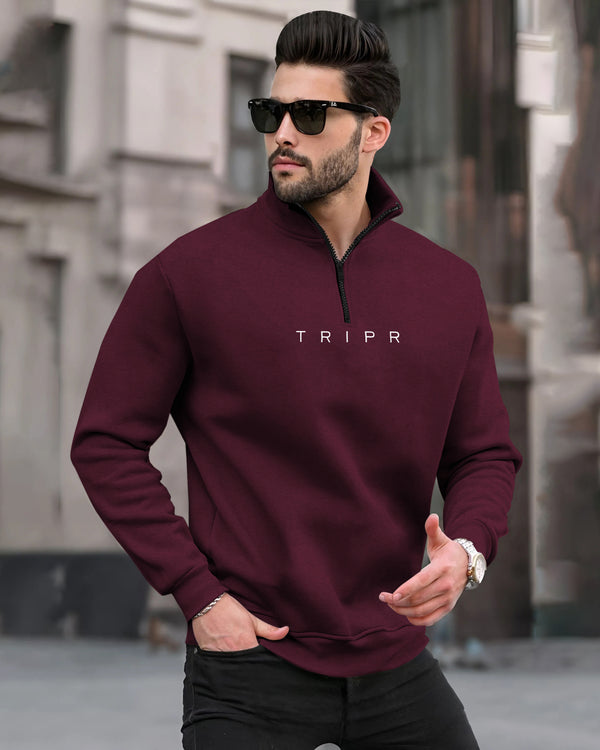 Men Zipper High Neck Maroon Sweatshirt