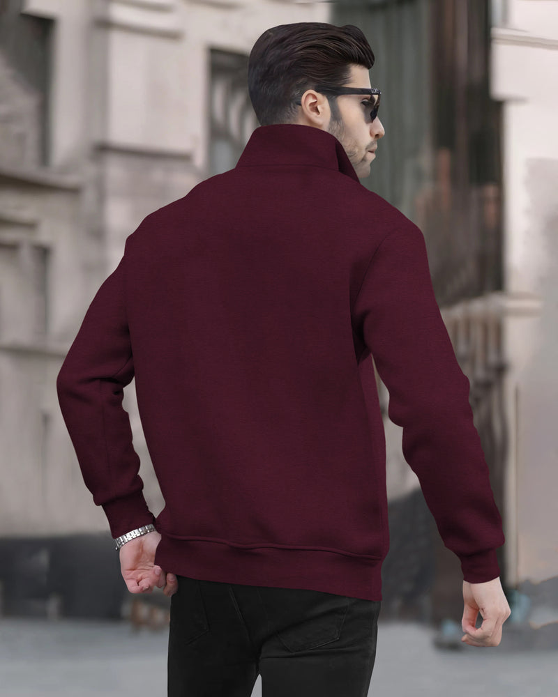 Men Zipper High Neck Maroon Sweatshirt