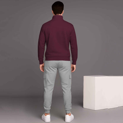 Maroon High Neck Sweatshirt and Grey Cargo Jogger Tracksuit
