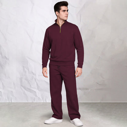 Men's Solid Burgundy Quarter-Zip Sweatshirt & Track Pants Co-Ords Set