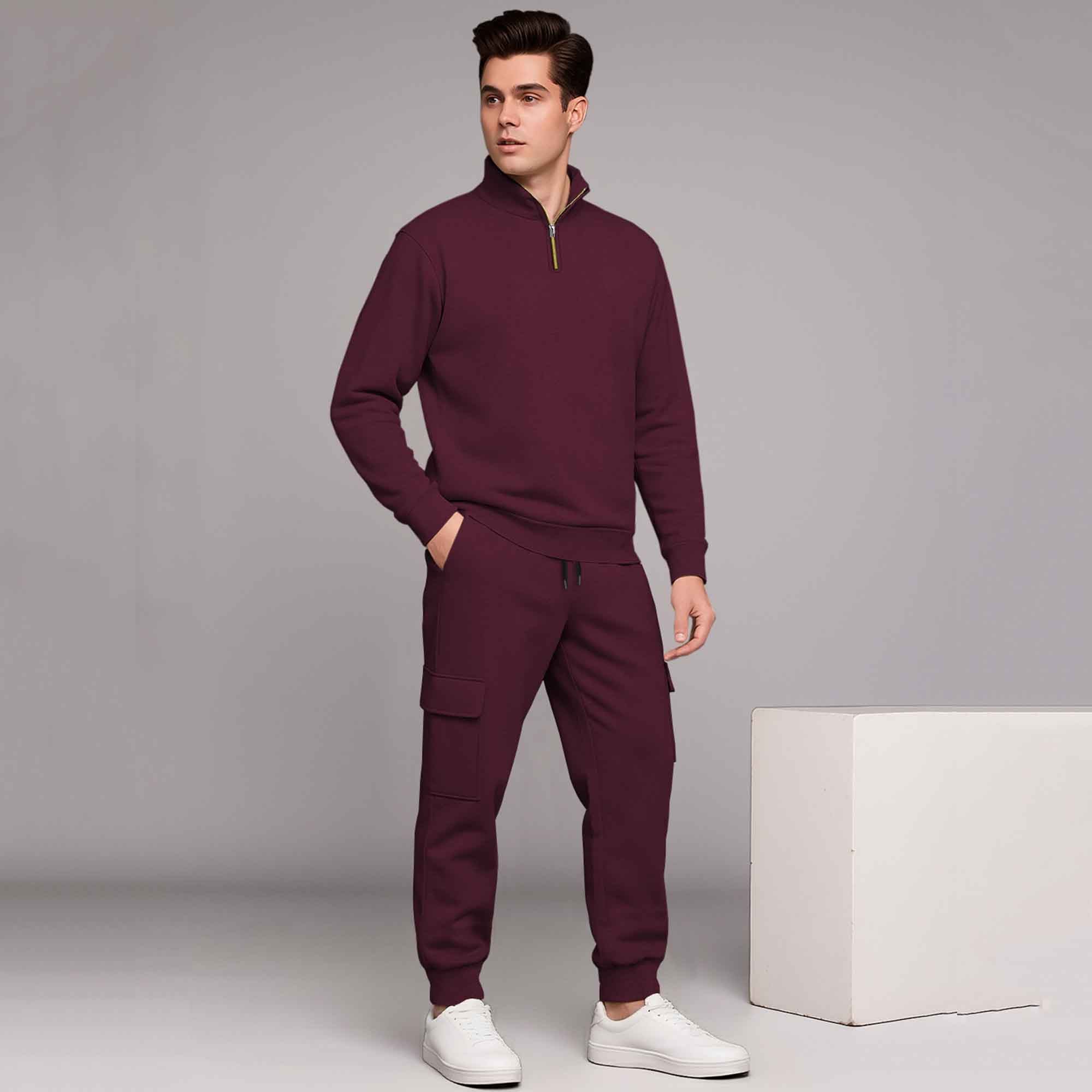 Maroon High Neck Sweatshirt and Cargo Jogger Tracksuit