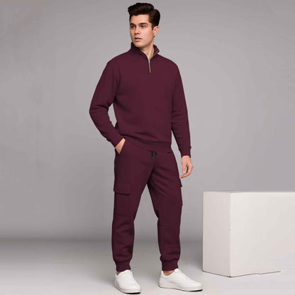 Maroon High Neck Sweatshirt and Cargo Jogger Tracksuit