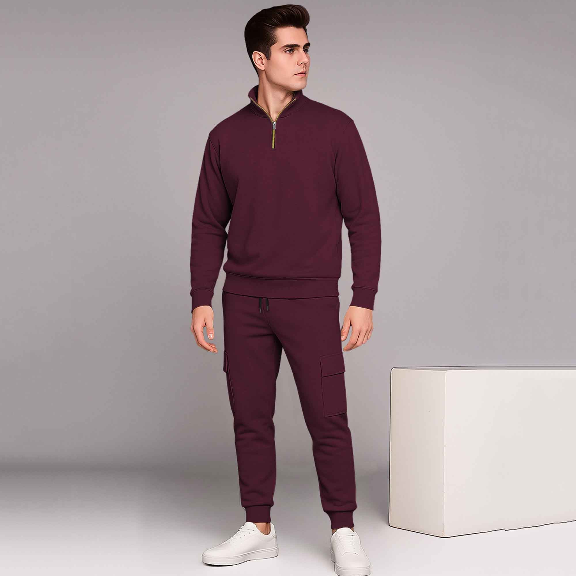 Maroon High Neck Sweatshirt and Cargo Jogger Tracksuit