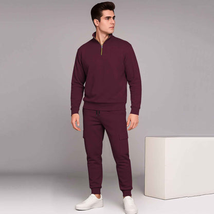 Maroon High Neck Sweatshirt and Cargo Jogger Tracksuit