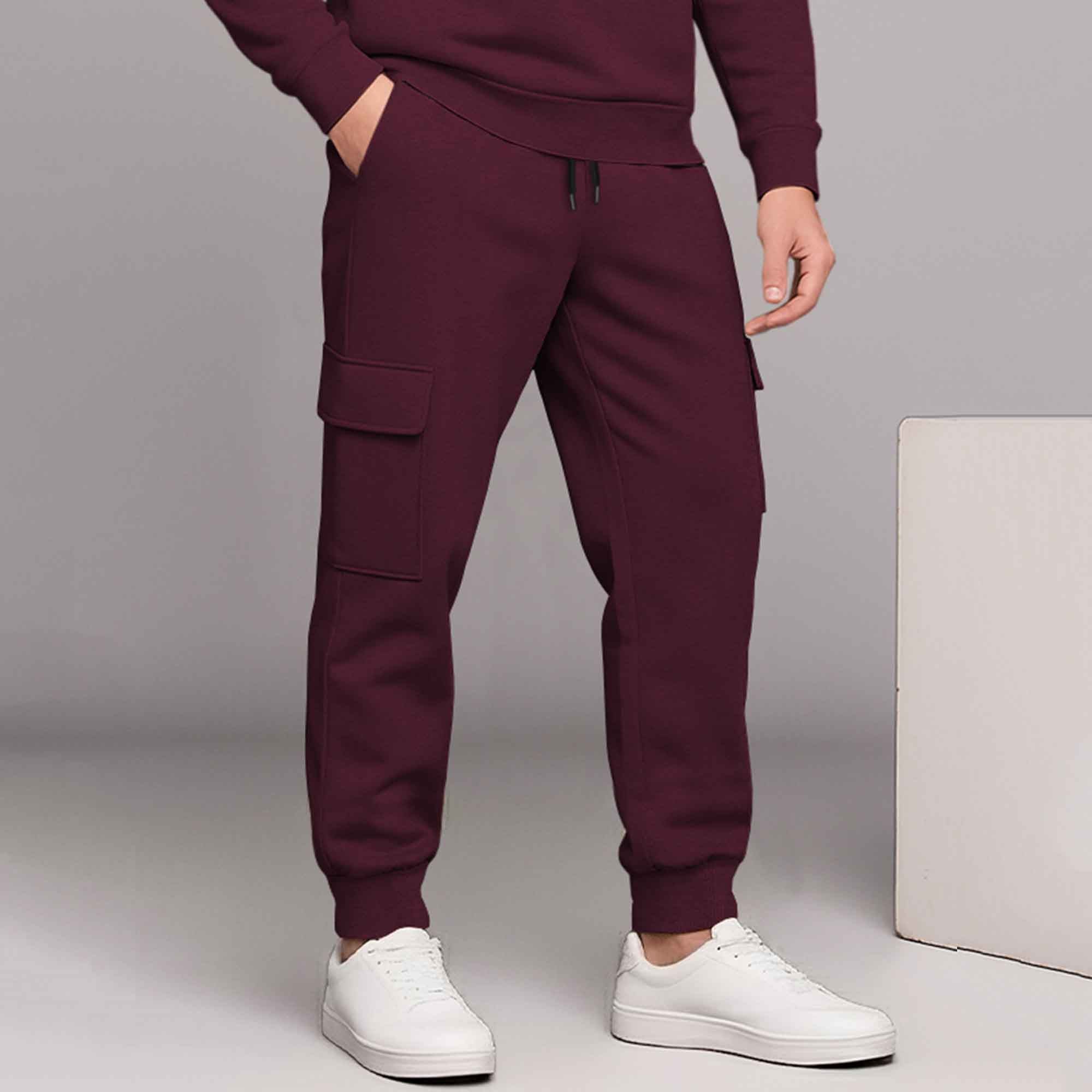 Maroon High Neck Sweatshirt and Cargo Jogger Tracksuit