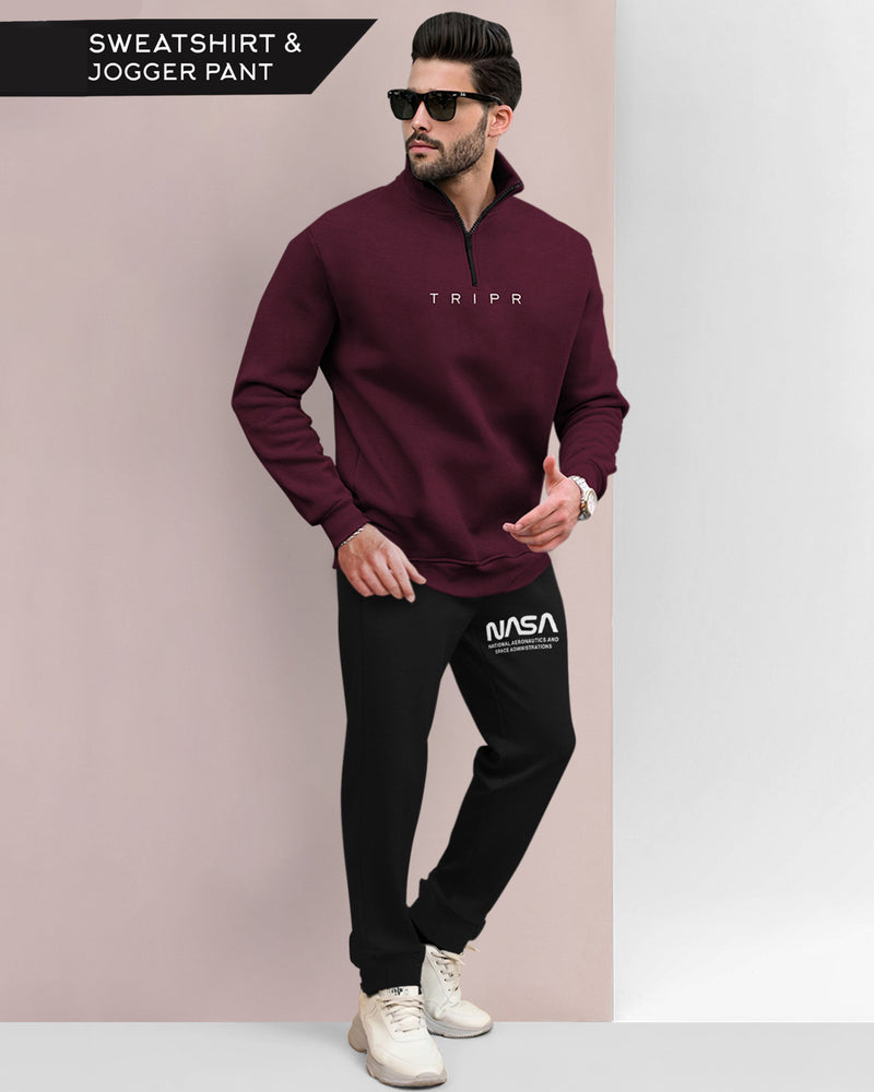 Men Winter Tracksuit - Maroon Zipper High Neck Sweatshirt & Black Track Pant