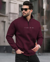 Men Winter Tracksuit - Maroon Zipper High Neck Sweatshirt & Black Track Pant