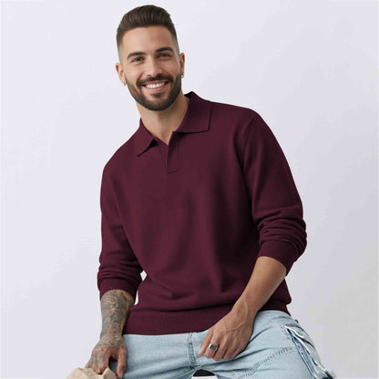 Mens Classic Polo Neck Solid Sweatshirt Maroon