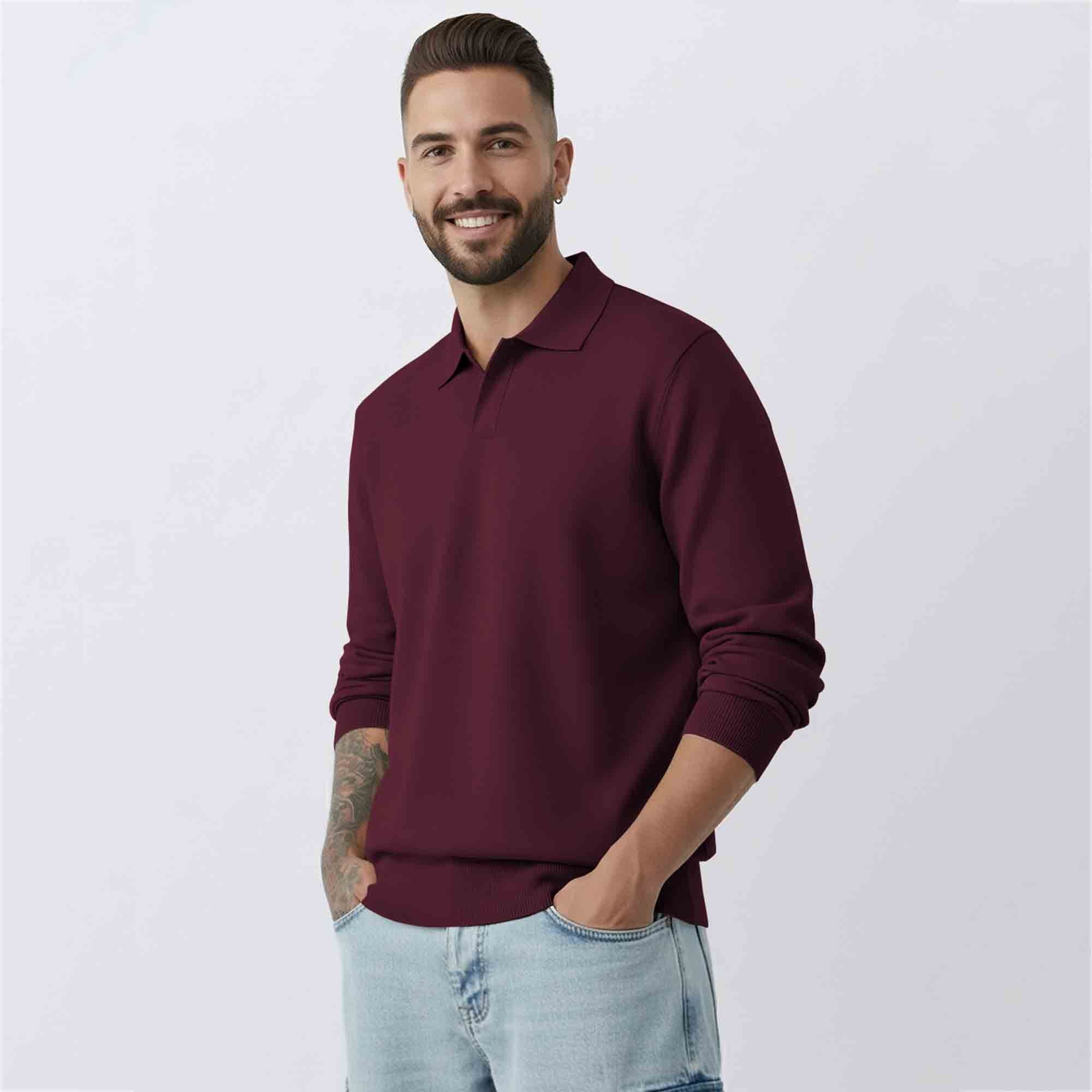 Mens Classic Polo Neck Solid Sweatshirt Maroon
