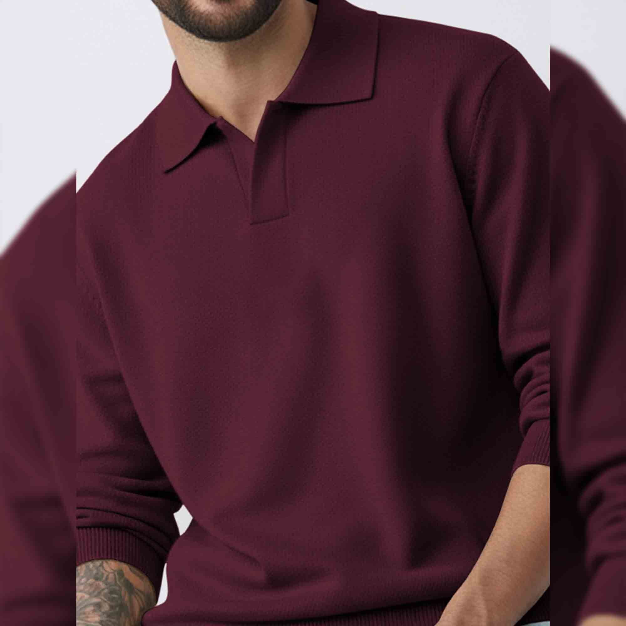 Mens Classic Polo Neck Solid Sweatshirt Maroon