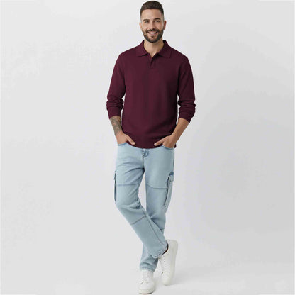 Mens Classic Polo Neck Solid Sweatshirt Maroon