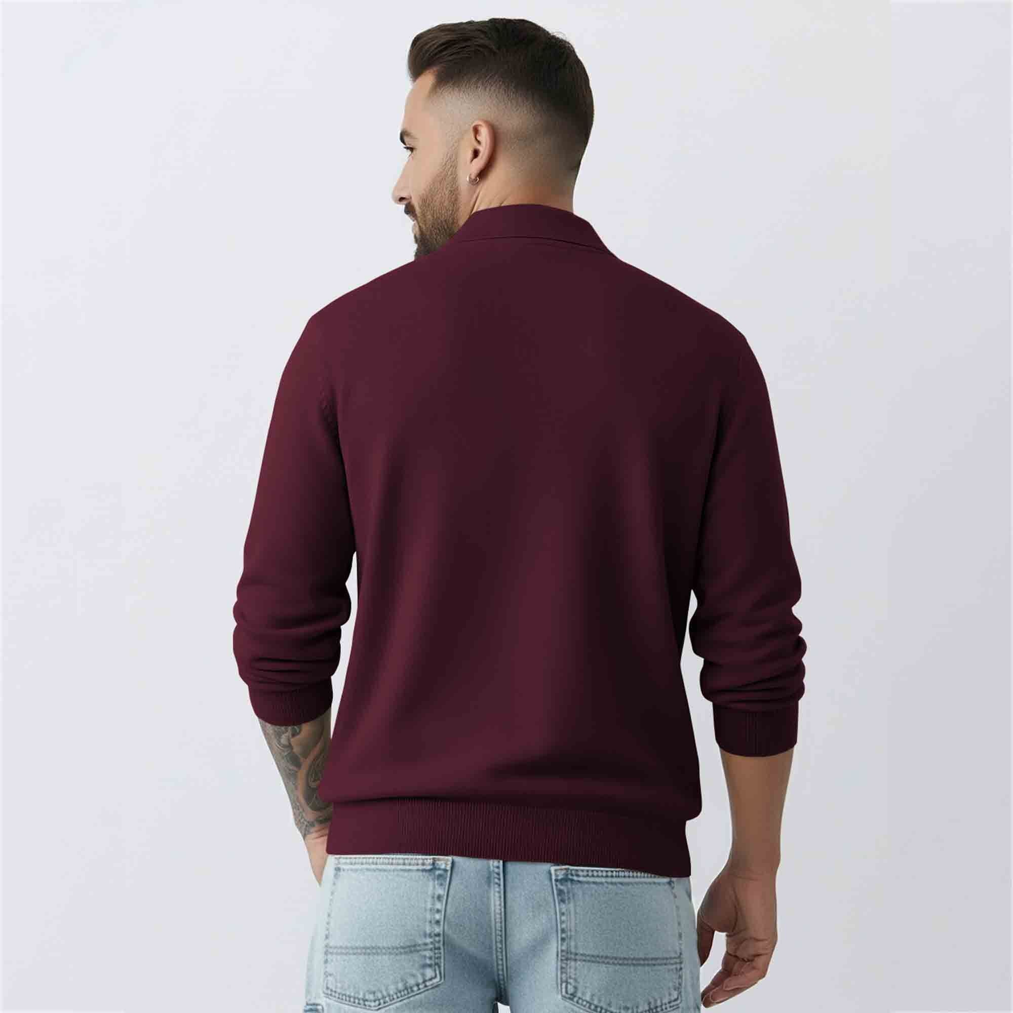 Mens MaroonQuarter Zip Full Sleeve Plain Polo Fit Sweatshirt