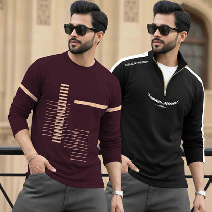(Pack Of 2) Full Sleeve Printed T-shirts Maroon & Black