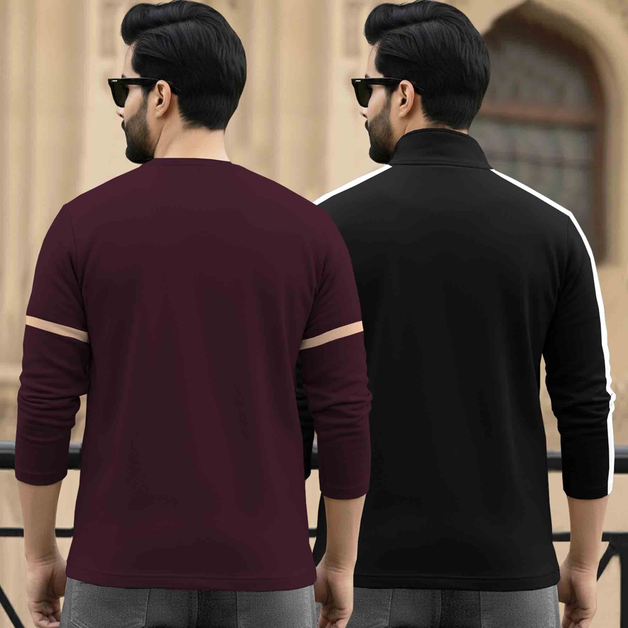 (Pack Of 2) Full Sleeve Printed T-shirts Maroon & Black