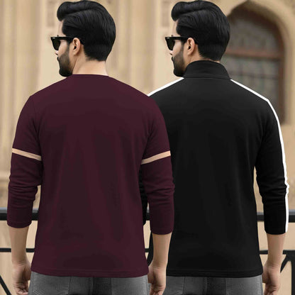 (Pack Of 2) Full Sleeve Printed T-shirts Maroon & Black