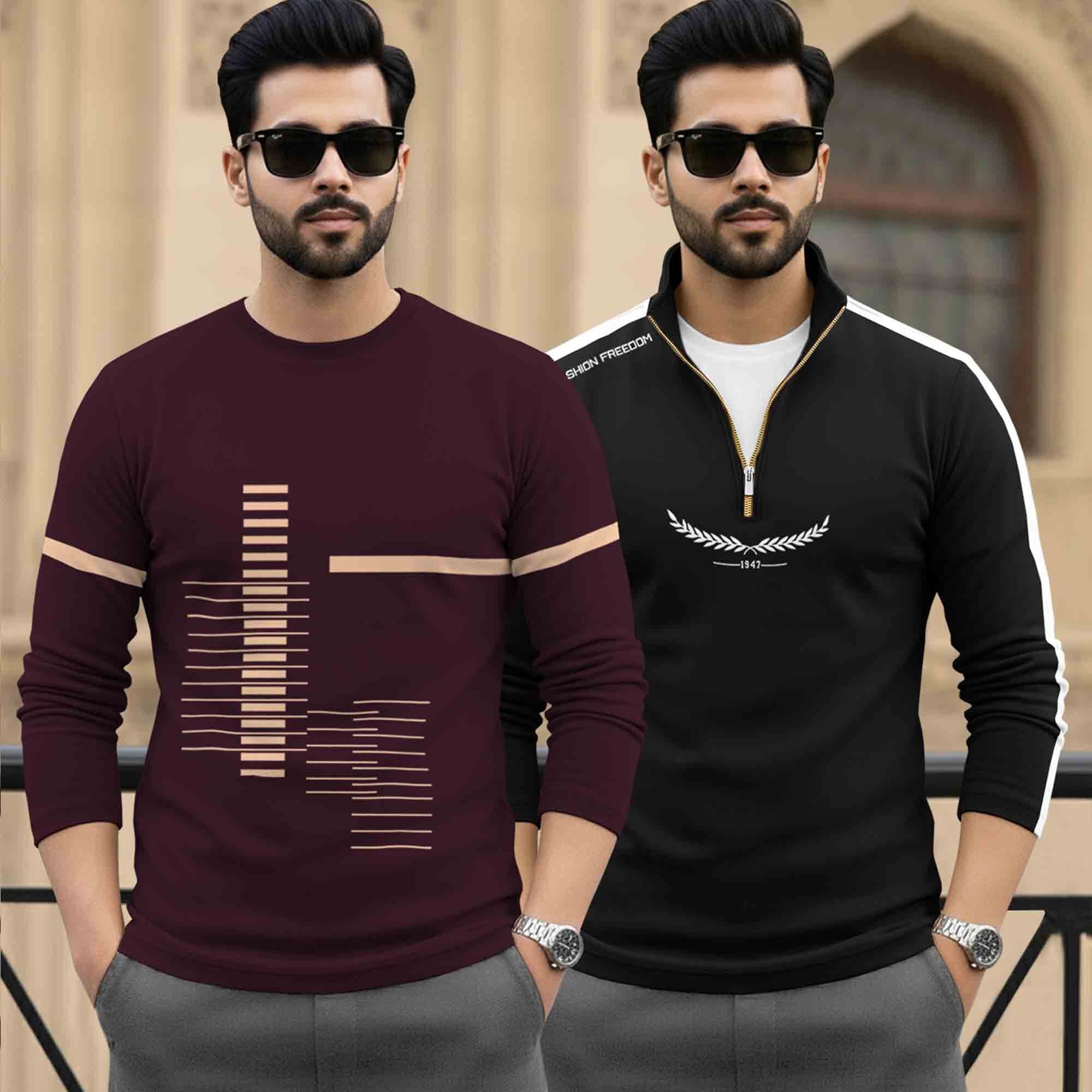 (Pack Of 2) Full Sleeve Printed T-shirts Maroon & Black
