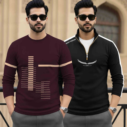 (Pack Of 2) Full Sleeve Printed T-shirts Maroon & Black