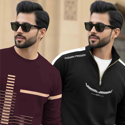 (Pack Of 2) Full Sleeve Printed T-shirts Maroon & Black
