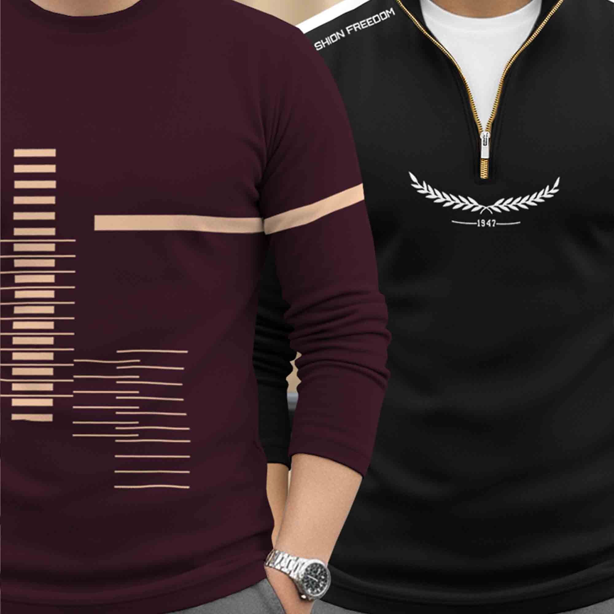 (Pack Of 2) Full Sleeve Printed T-shirts Maroon & Black