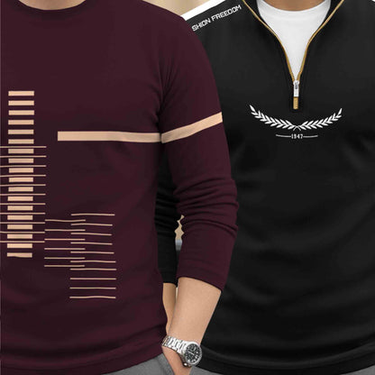 (Pack Of 2) Full Sleeve Printed T-shirts Maroon & Black