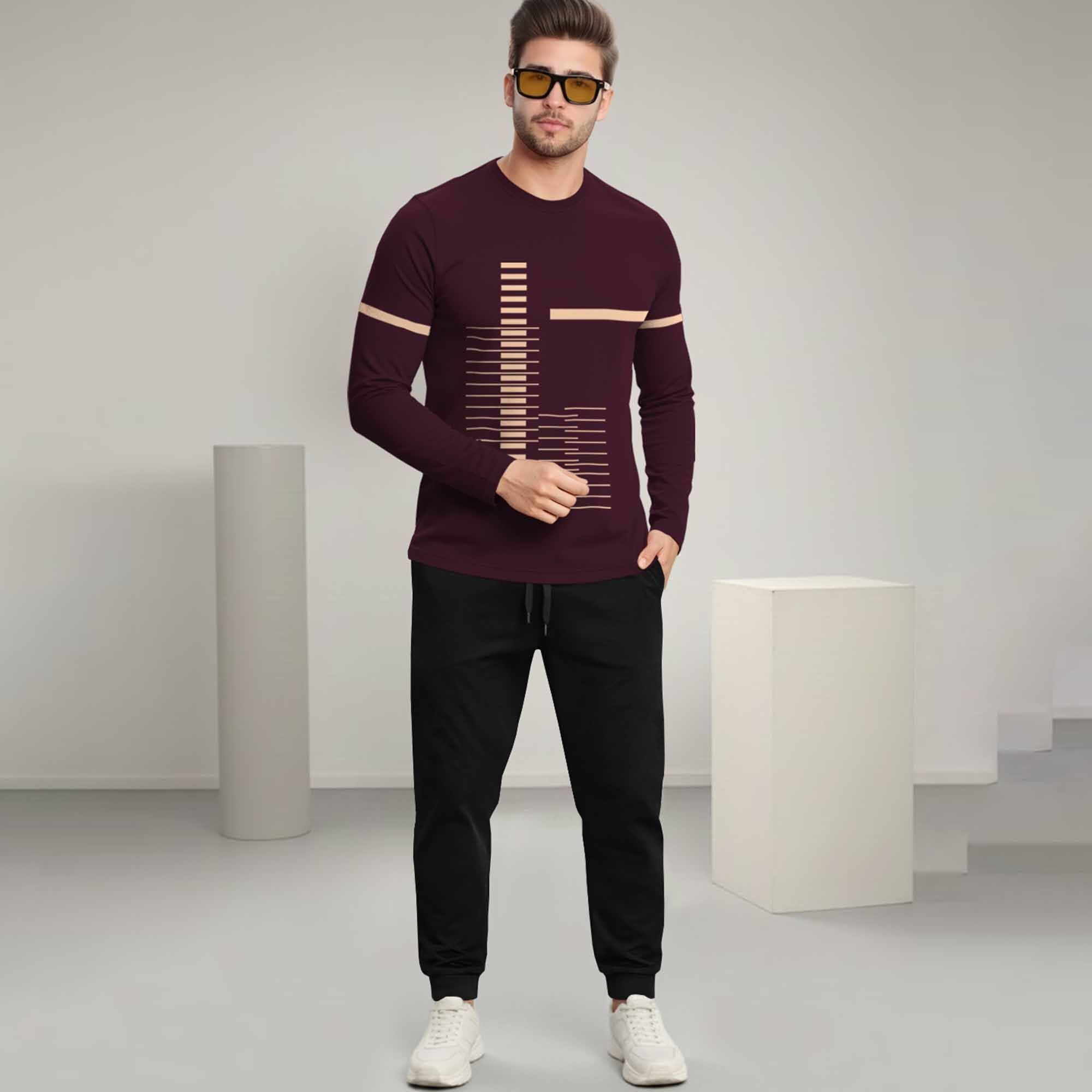 Out Fit Set Full Sleeve Printed Maroon Tshirt Matching Black Trackpant